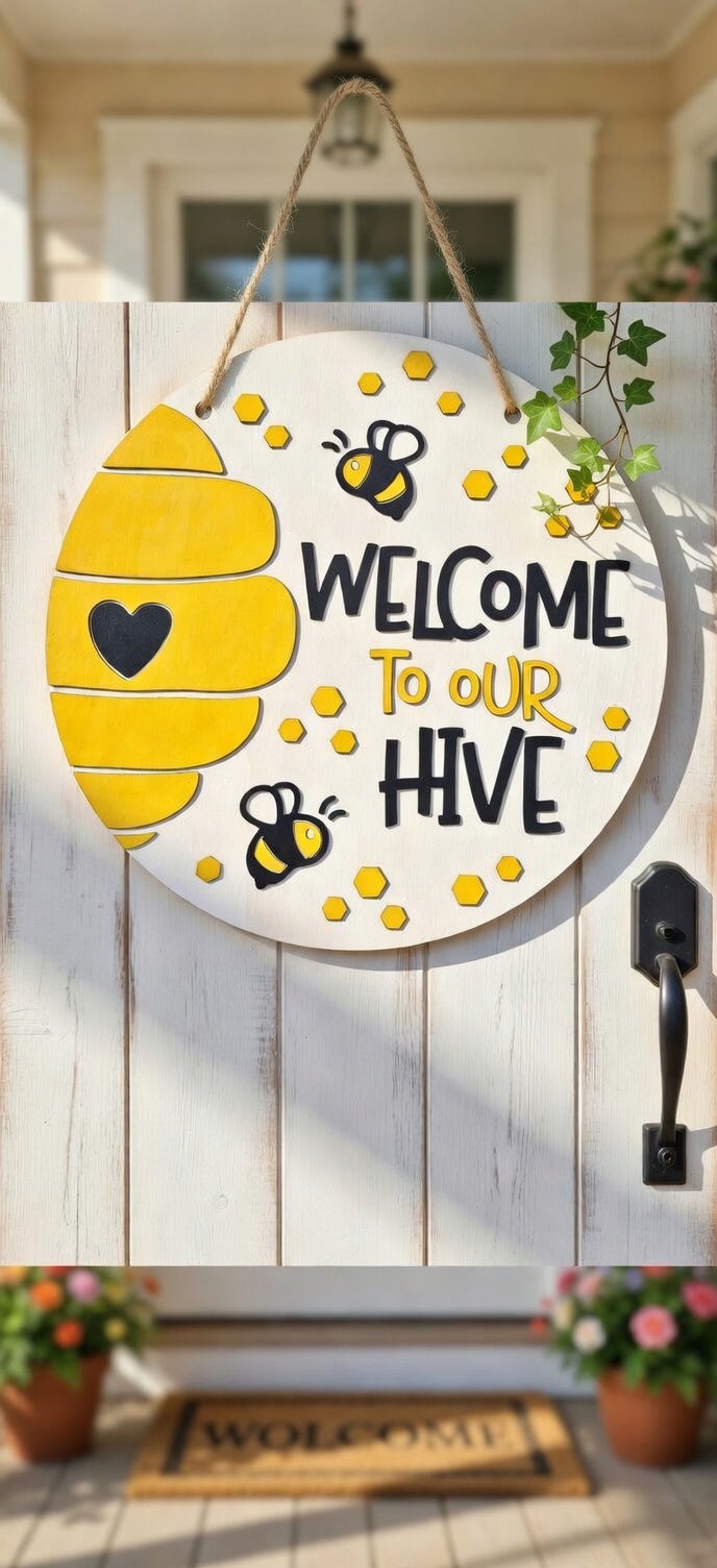 Handcrafted 3D 'Welcome to Our Hive' Wooden Door Sign
