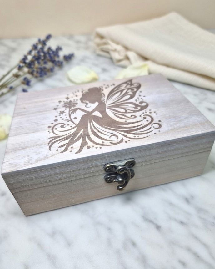 Handcrafted Laser-Engraved 'Whimsical Fairy' Wooden Keepsake Box