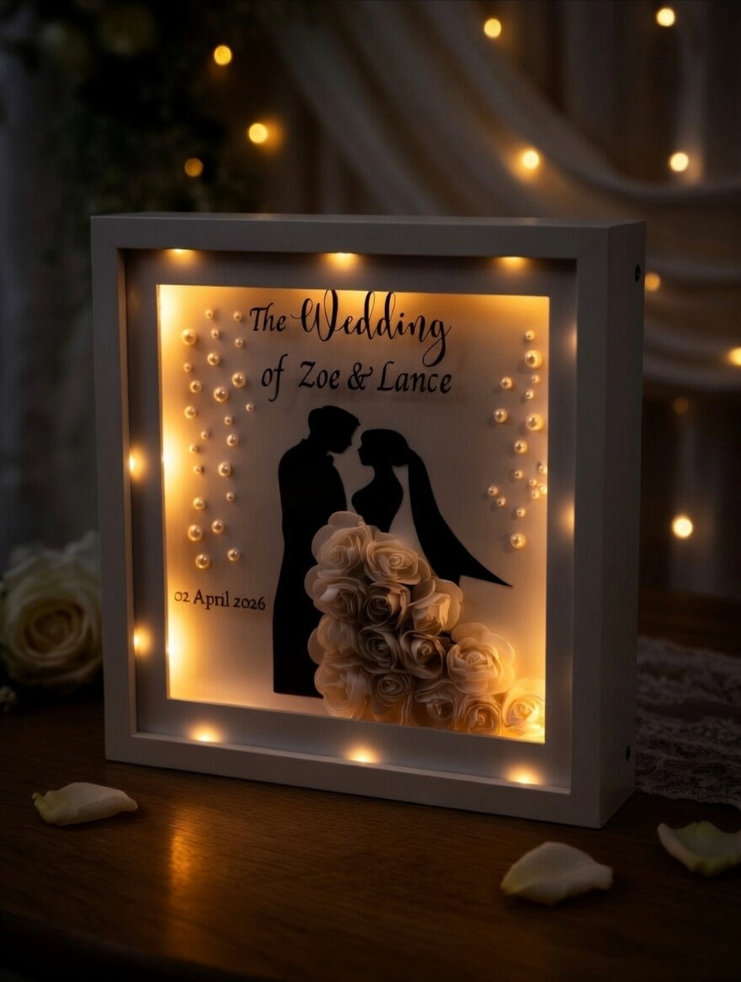Personalised Wedding Shadow Box Frame with LED Lights | Custom Bride & Groom Keepsake Gift
