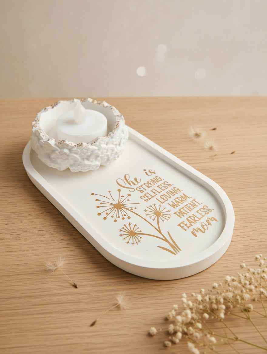 Handcrafted Jesmonite 'Mom' Trinket Tray & Tealight Holder Set