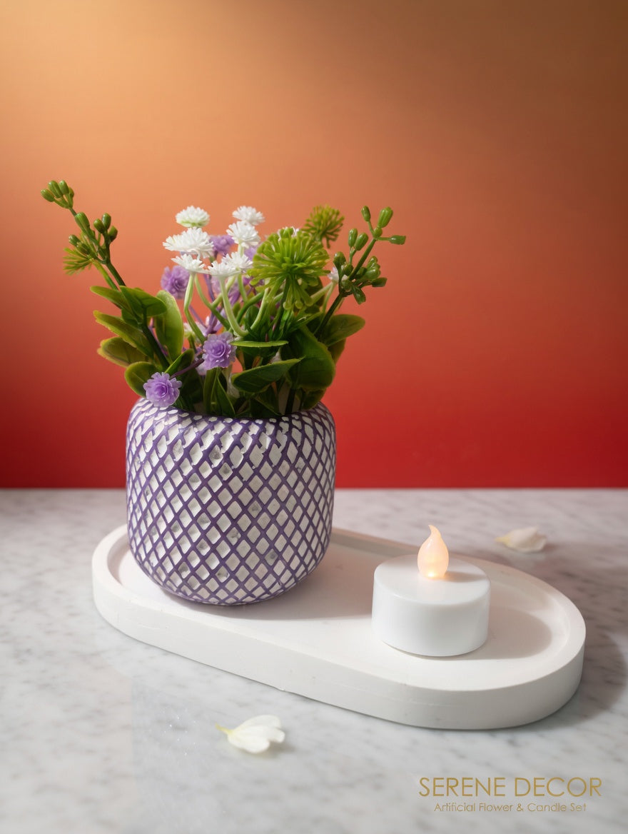 Serene Decor: Handcrafted Jesmonite Purple Lattice Vase & Tray Set