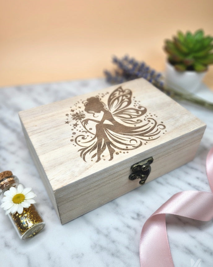 Handcrafted Laser-Engraved 'Whimsical Fairy' Wooden Keepsake Box