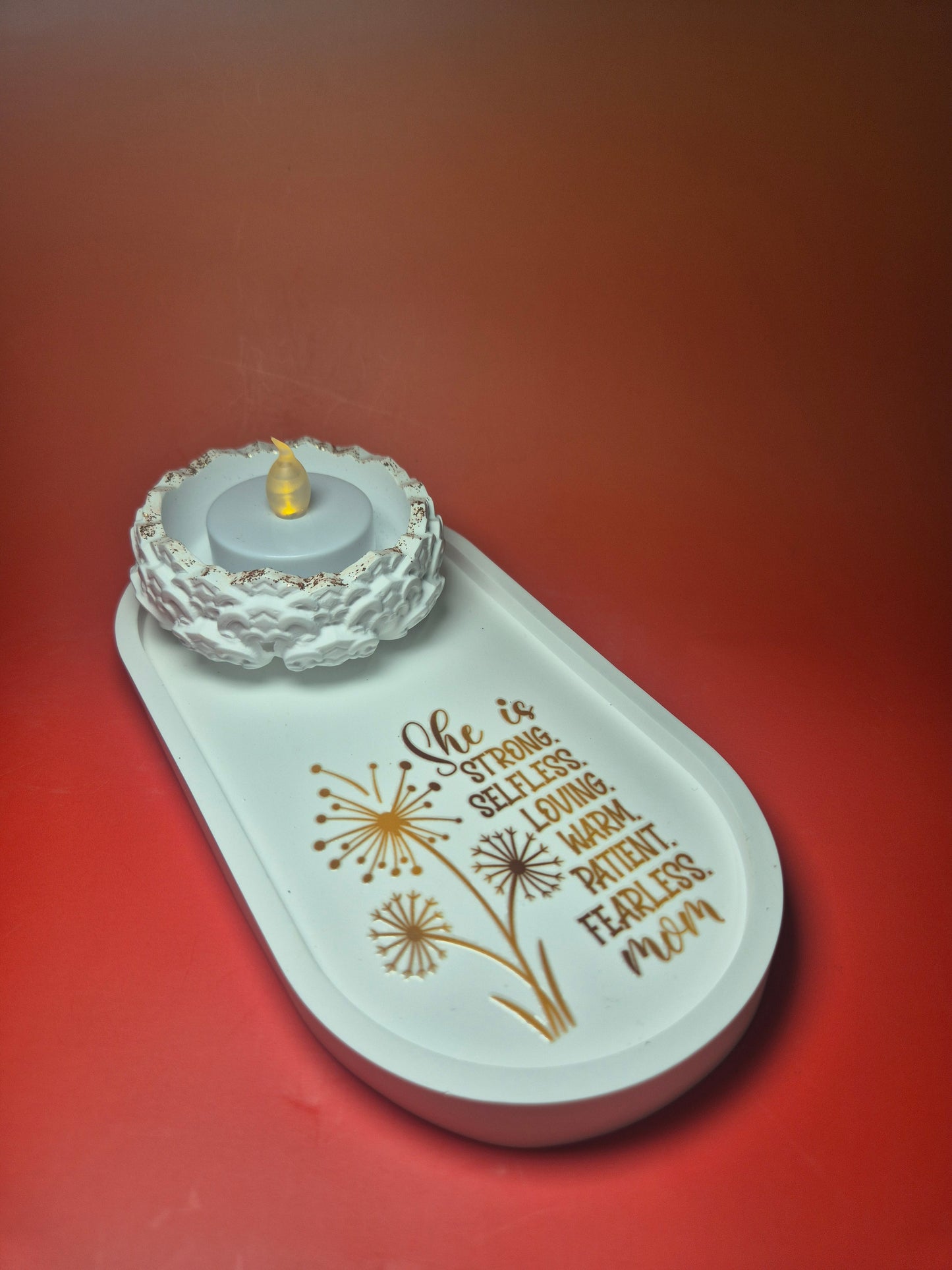 Handcrafted Jesmonite 'Mom' Trinket Tray & Tealight Holder Set