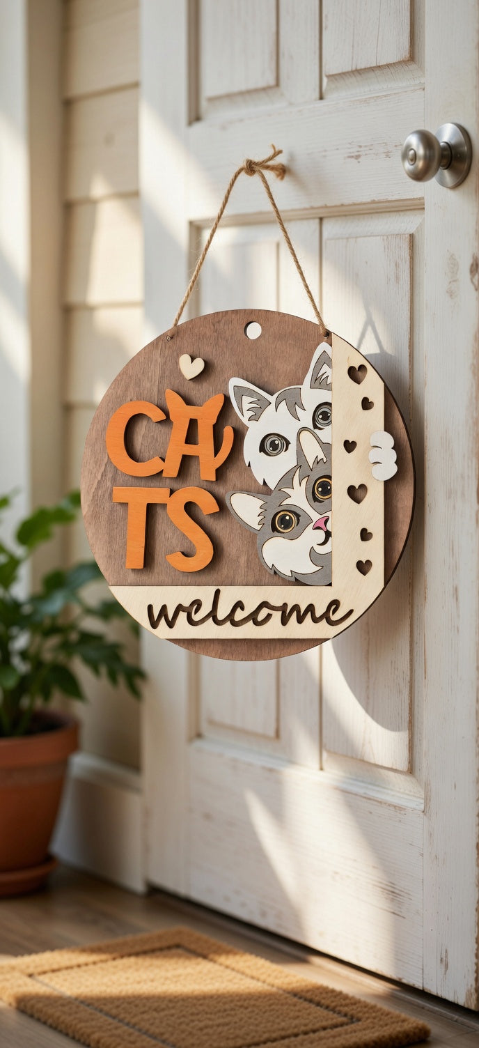 Handcrafted 3D Wooden 'Cats Welcome' Door Sign