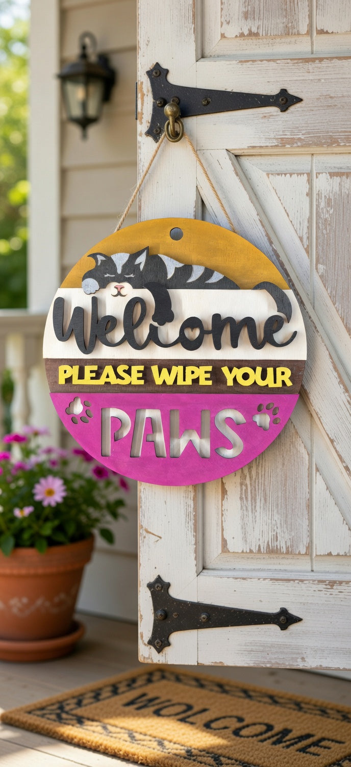 Handcrafted 3D 'Wipe Your Paws' Cat Welcome Sign