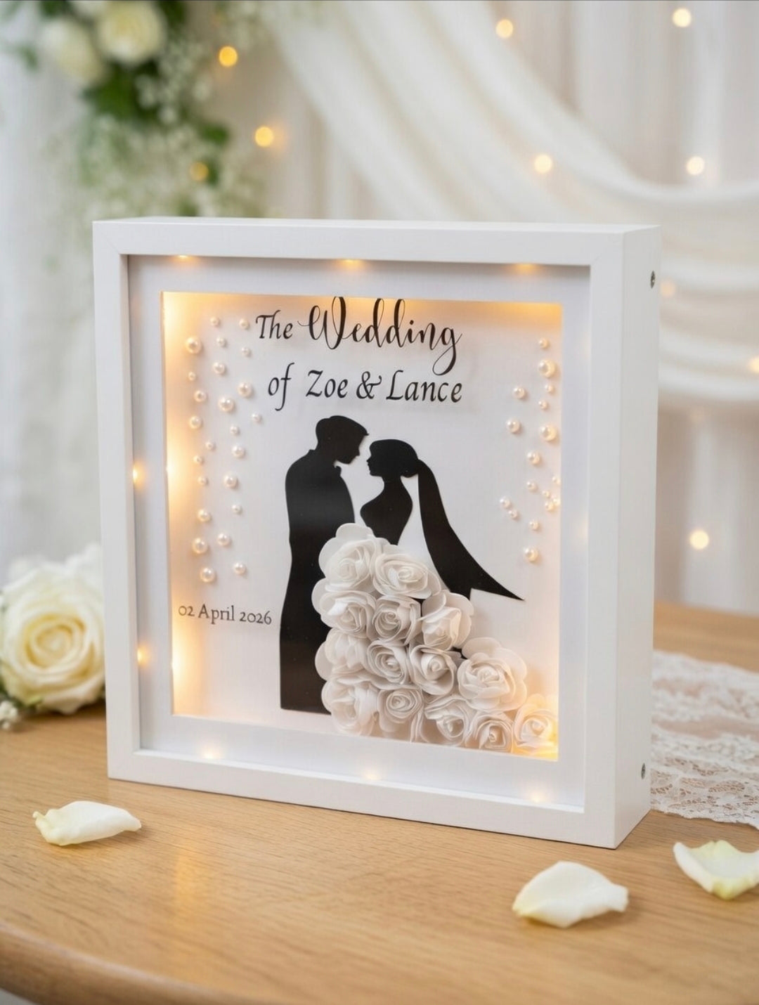 Personalised Wedding Shadow Box Frame with LED Lights | Custom Bride & Groom Keepsake Gift