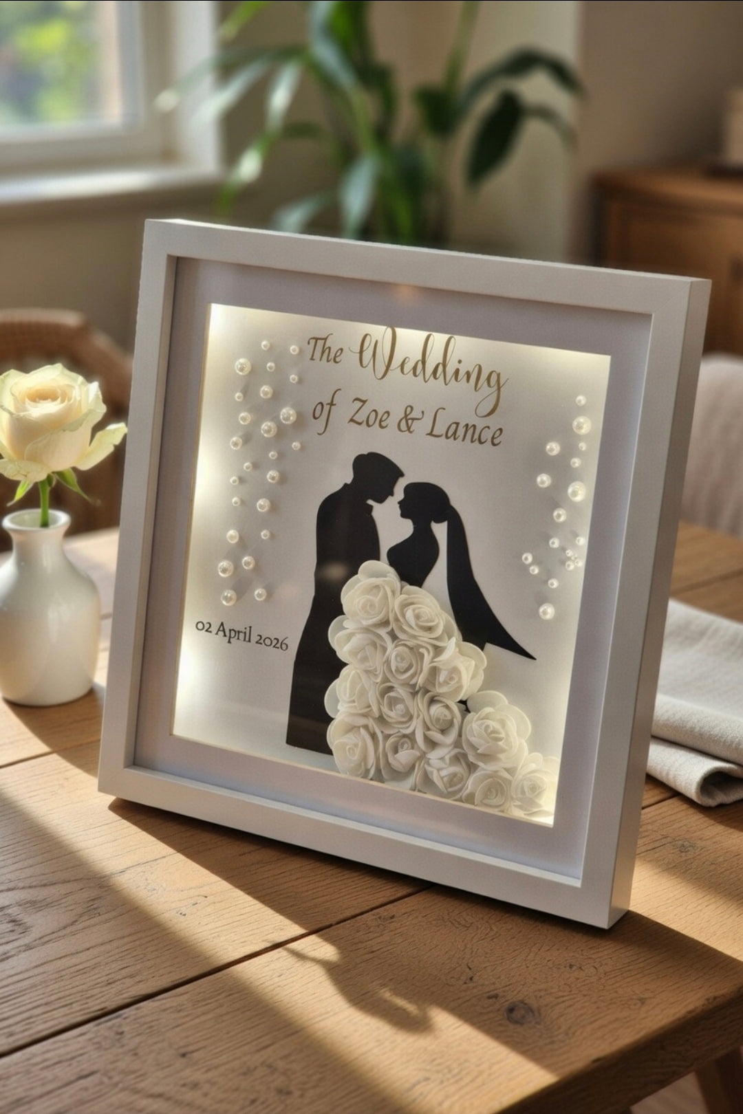 Personalised Wedding Shadow Box Frame with LED Lights | Custom Bride & Groom Keepsake Gift