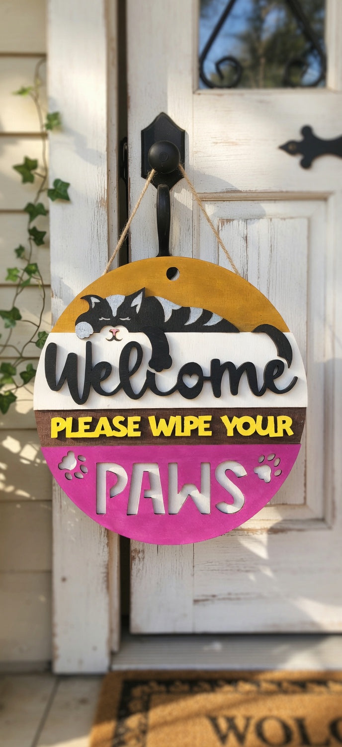 Handcrafted 3D 'Wipe Your Paws' Cat Welcome Sign
