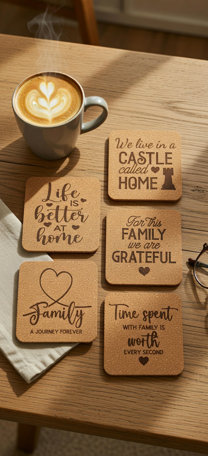 Laser-Engraved Cork Family Coaster Set