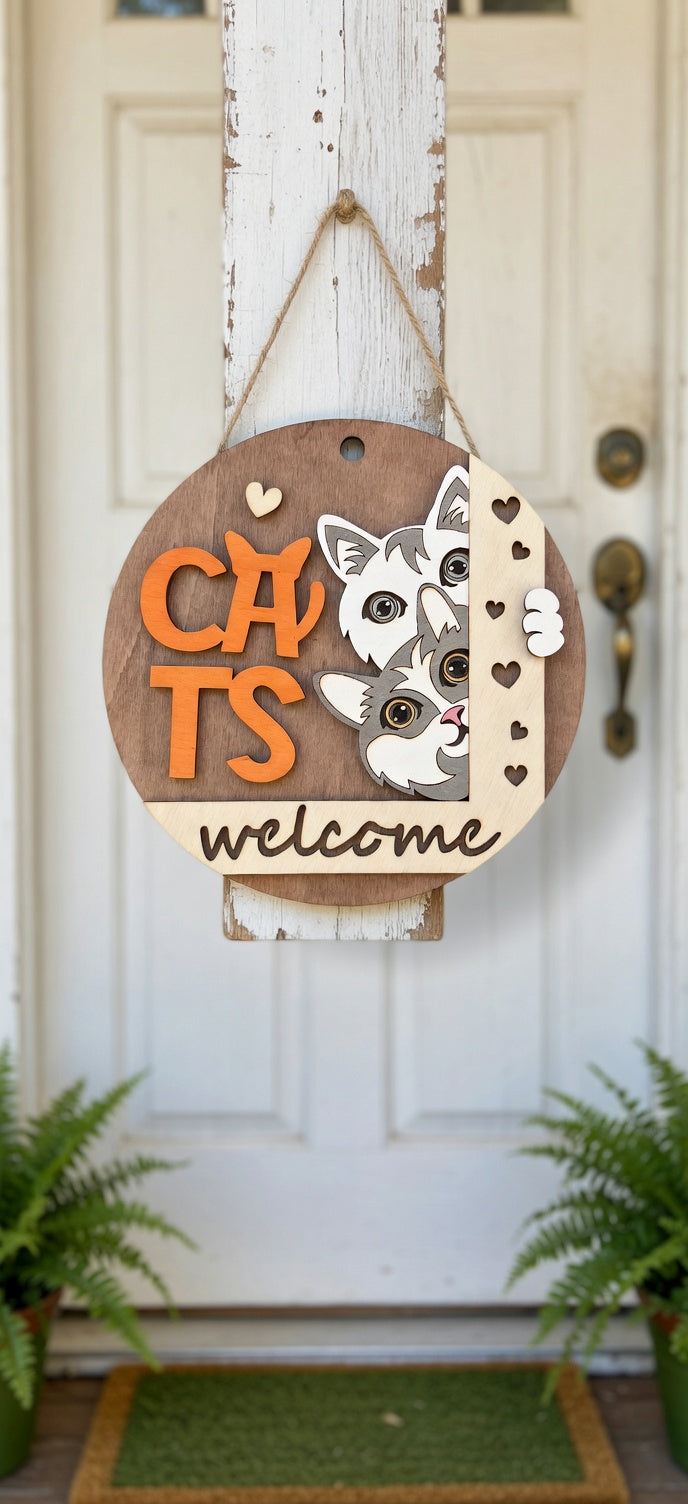 Handcrafted 3D Wooden 'Cats Welcome' Door Sign