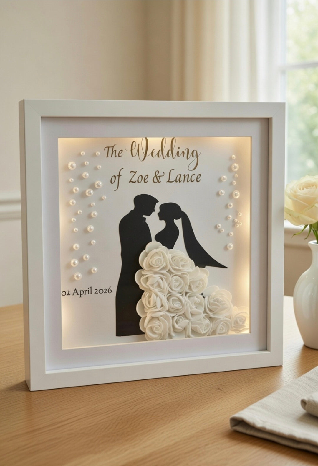 Personalised Wedding Shadow Box Frame with LED Lights | Custom Bride & Groom Keepsake Gift