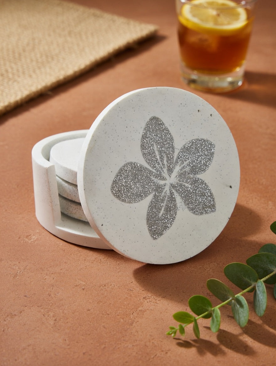 Handcrafted Jesmonite Floral Coaster Set with Holder